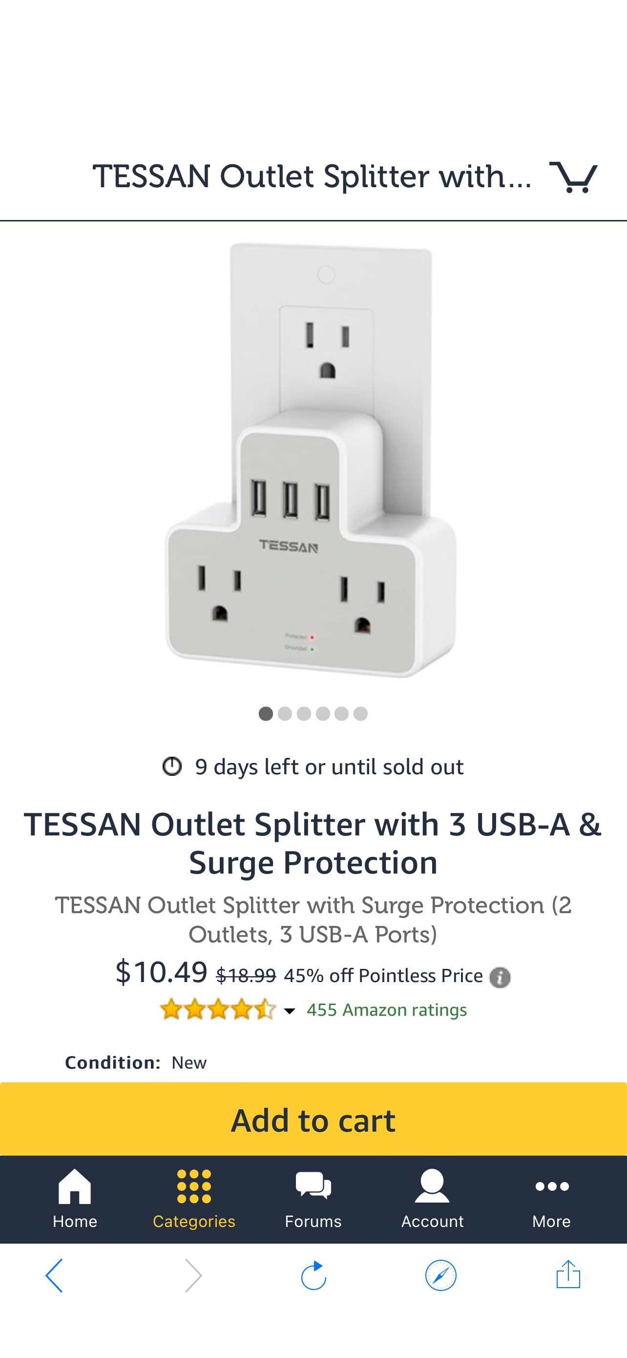 插销版TESSAN Outlet Splitter with 3 USB-A & Surge Protection