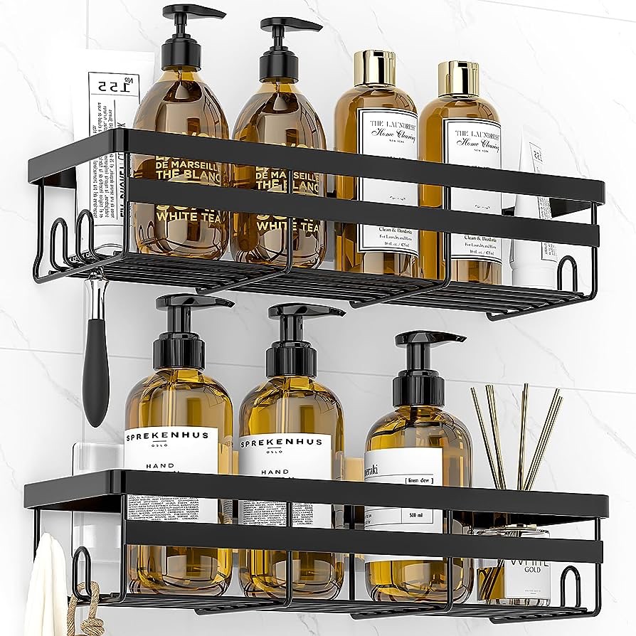 Amazon.com: WOWBOX Shower Caddy Shelf Organizer, 2 Pack Adhesive Black Bathroom Accessories, Save Space with Hooks, Toiletries Organization And Storage Stainless No Drilling Shower Shelves :架子两个