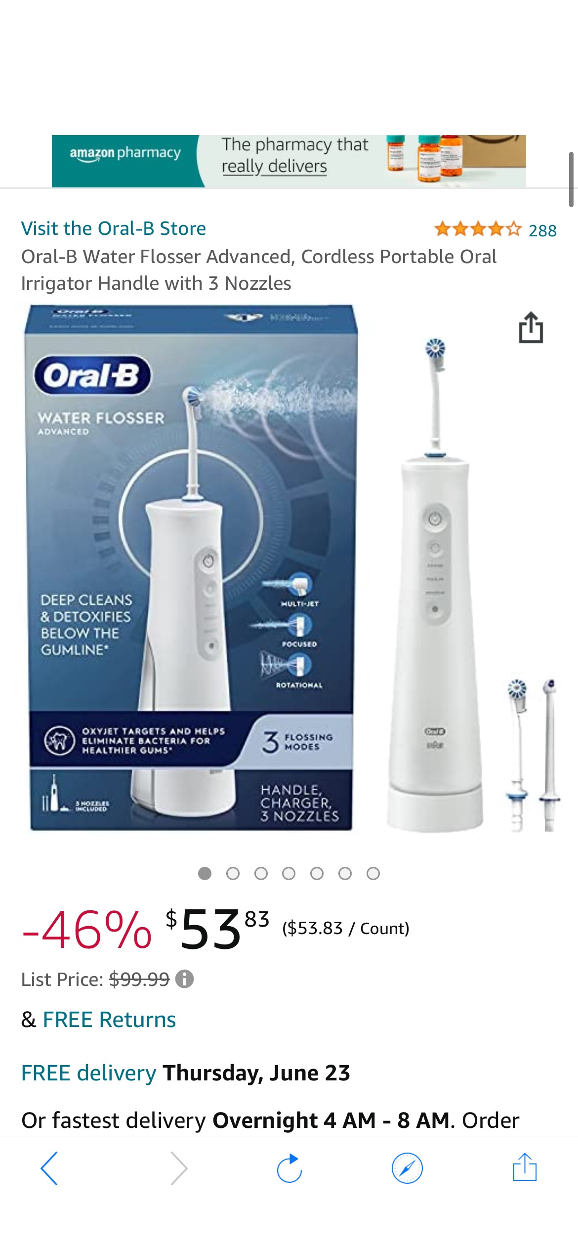 Amazon.com: Oral-B Water Flosser Advanced, Cordless Portable Oral Irrigator Handle with 3 Nozzles : Health & 水牙线20%off