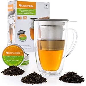 Amazon.com: Glass Tea Mug 茶杯& Cup with Infuser and Lid - Gift Set - 16oz Borosilicate Double Wall Brewing Tea Cup for Loose Leaf Tea with Removable Stainless Steel Infuser -