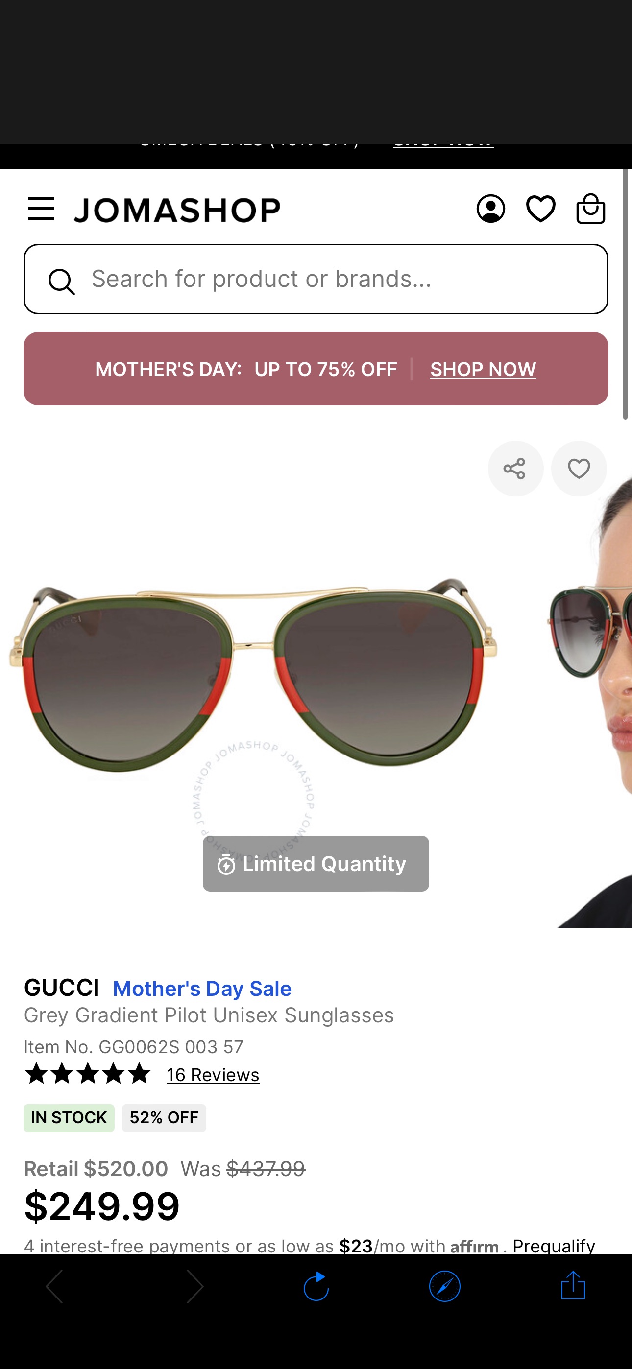 Gucci Grey Gradient Pilot Unisex Sunglasses GG0062S 003 57 889652051291 - Sunglasses - Jomashop