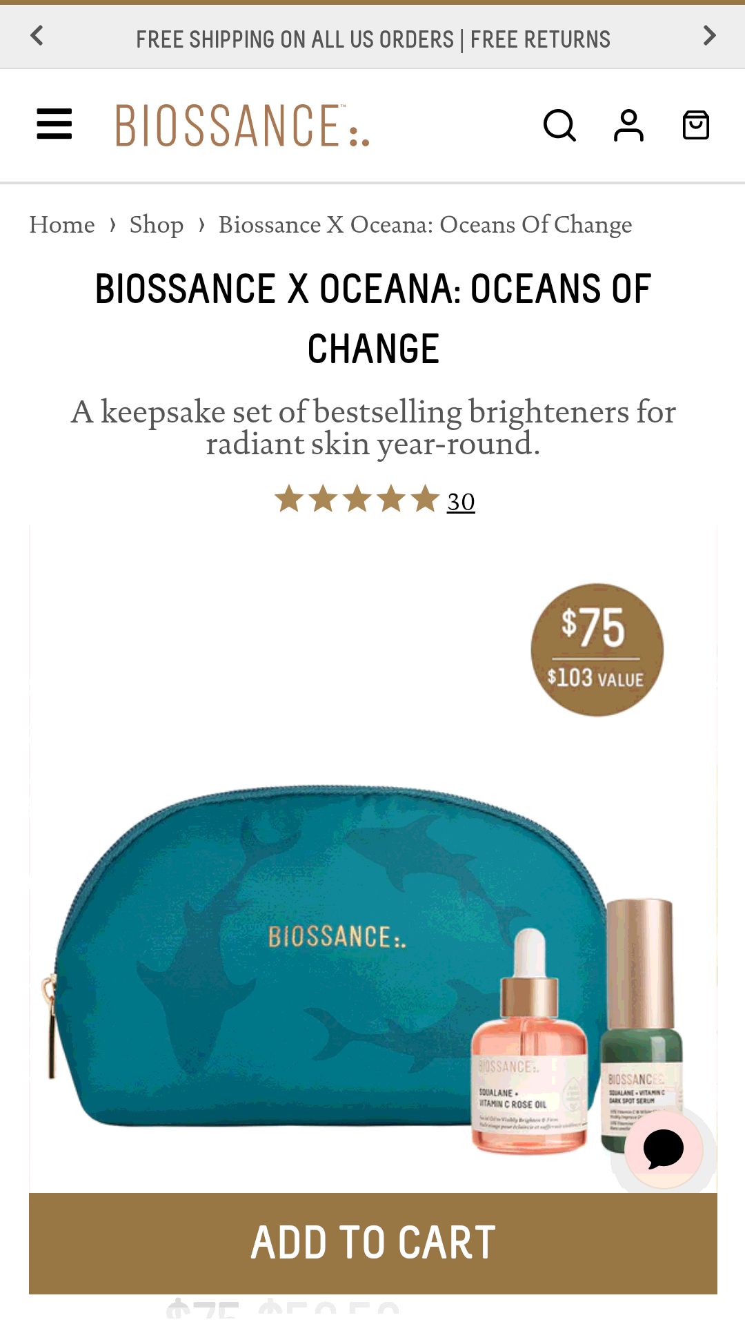 Biossance x Oceana玫瑰精油，祛斑精华套装