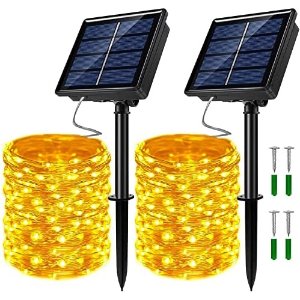 $9.49 JosMega 太阳能户外防水灯串 8 Modes Twinkle, Garden Decoration, Auto On/Off, Each 33ft-100LED, 40ft-120LED, 66ft-200LED, 80ft-240LED, 2-Pack (Yellow, 66)