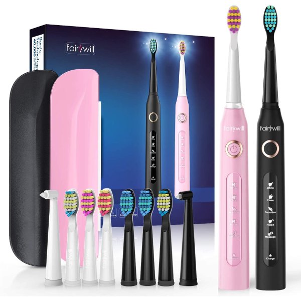 Fairywill Sonic Electric Toothbrush Set 2 Packs with 2 Travel Case 10x Brush Heads 5 Modes