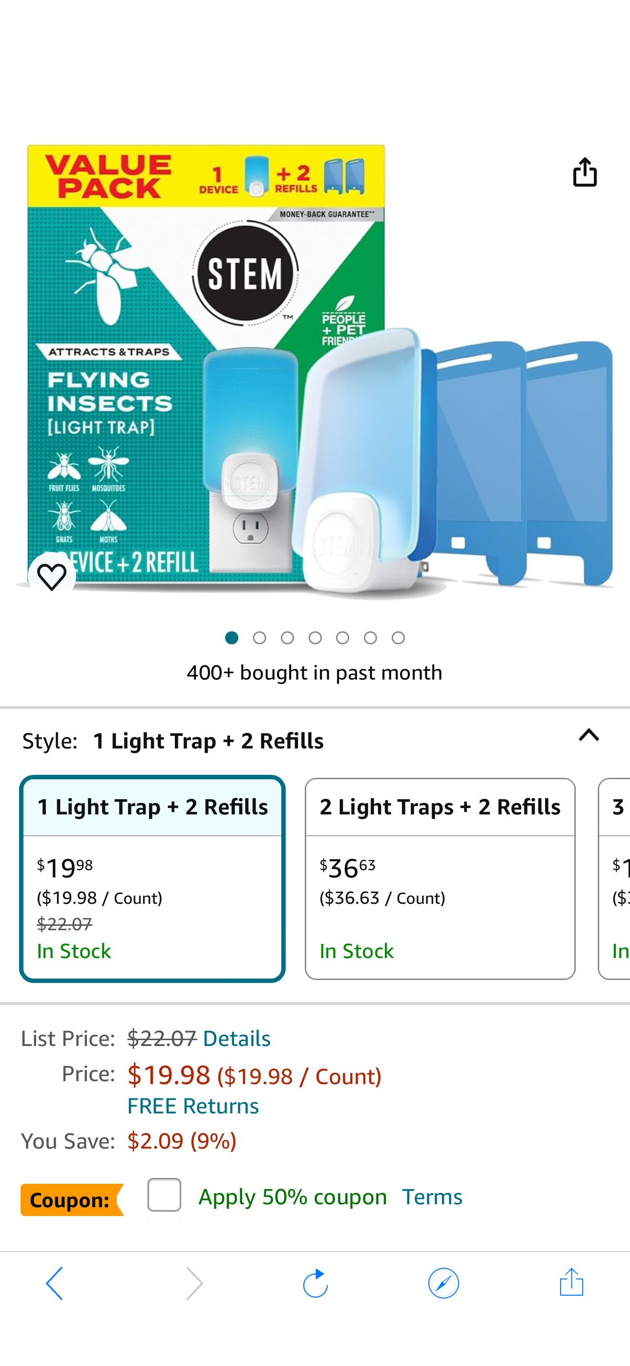 Amazon.com: STEM Light Trap, Attracts and Traps Flying Insects, Emits Soft Blue Light, Starter Kit with 1 Light Trap and 2 Refills : Patio, Lawn & Garden额外50%off