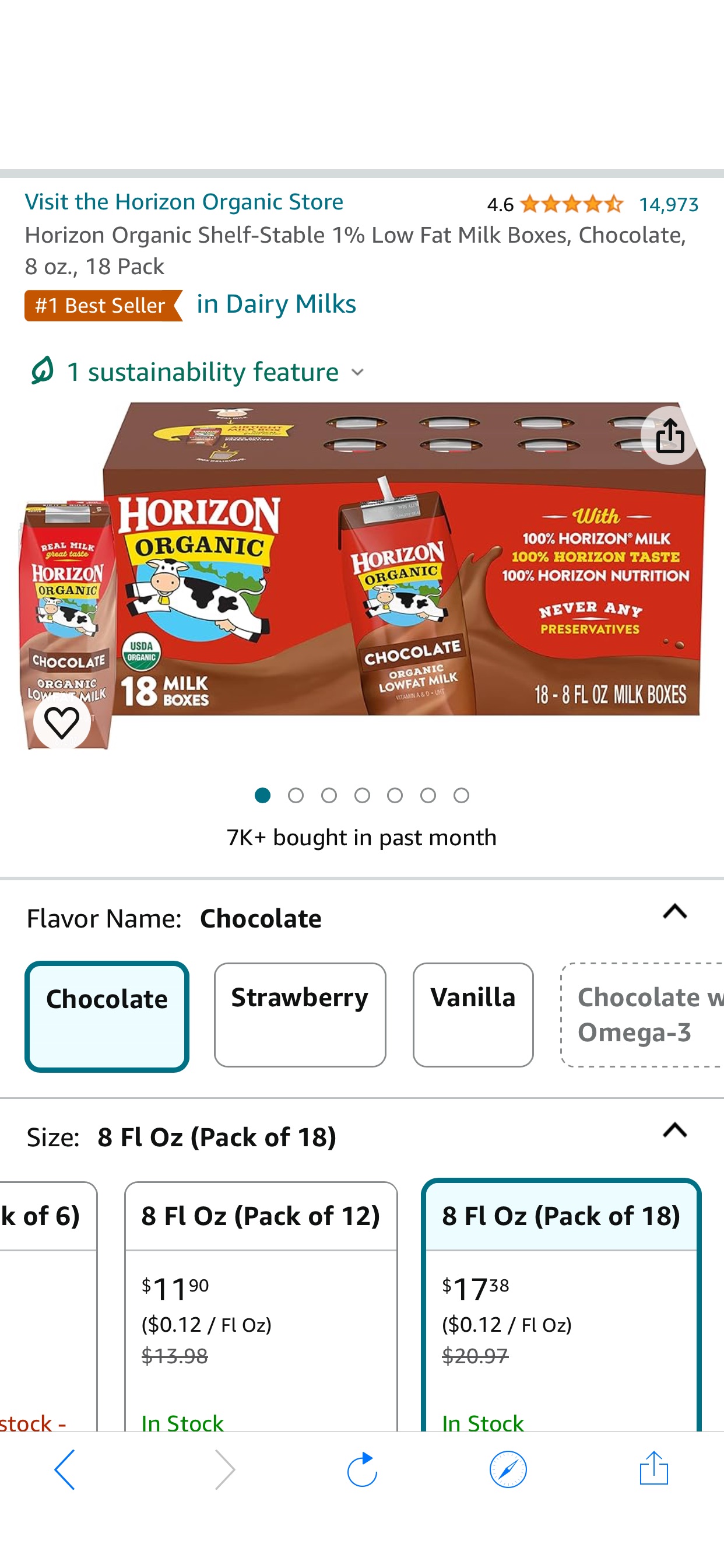 Amazon.com: Horizon Organic Shelf-Stable 1% Low Fat Milk Boxes, Chocolate, 8 oz., 18 Pack : Grocery & Gourmet Food 有机巧克力奶18瓶 每瓶不到$1 降价