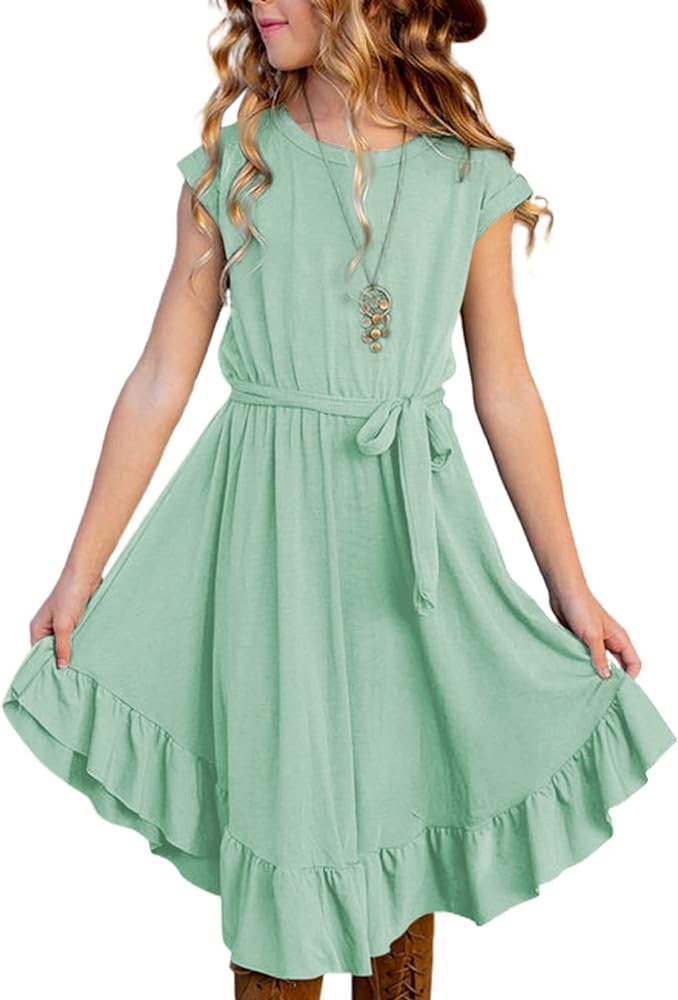 Amazon.com: Eytino Girls Short Sleeves Crew Neck Ruffle Casual Scalloped A-Line Long Maxi Dress with Belt,10-11Y Green 109: Clothing, Shoes & Jewelry