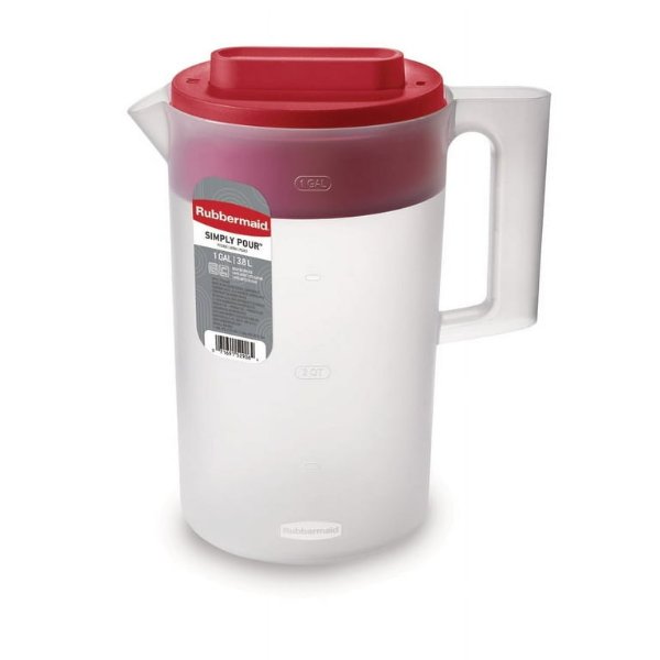 , 1 Gallon, 1 Pack, Red, Plastic Simply Pour Pitcher with Multifunction Lid