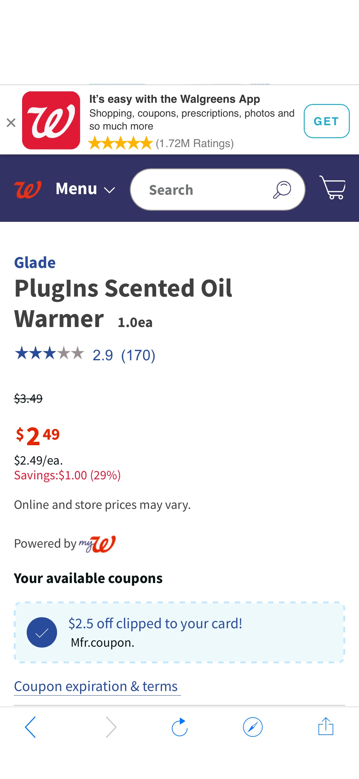 Glade PlugIns Scented Oil Warmer | Walgreens 免费glade精油加热插头