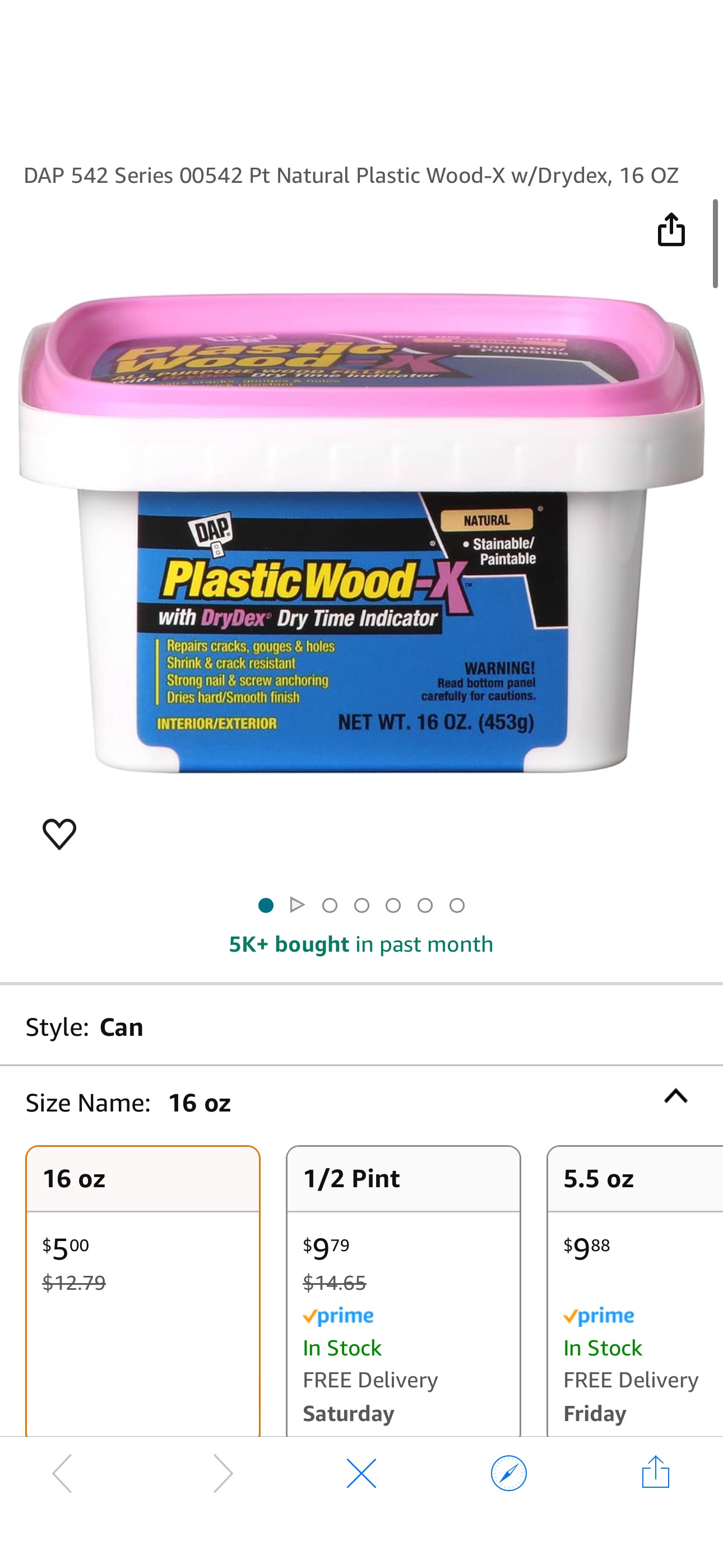 Amazon.com: DAP 542 Series 00542 Pt Natural Plastic Wood-X w/Drydex, 16 OZ : Everything Else