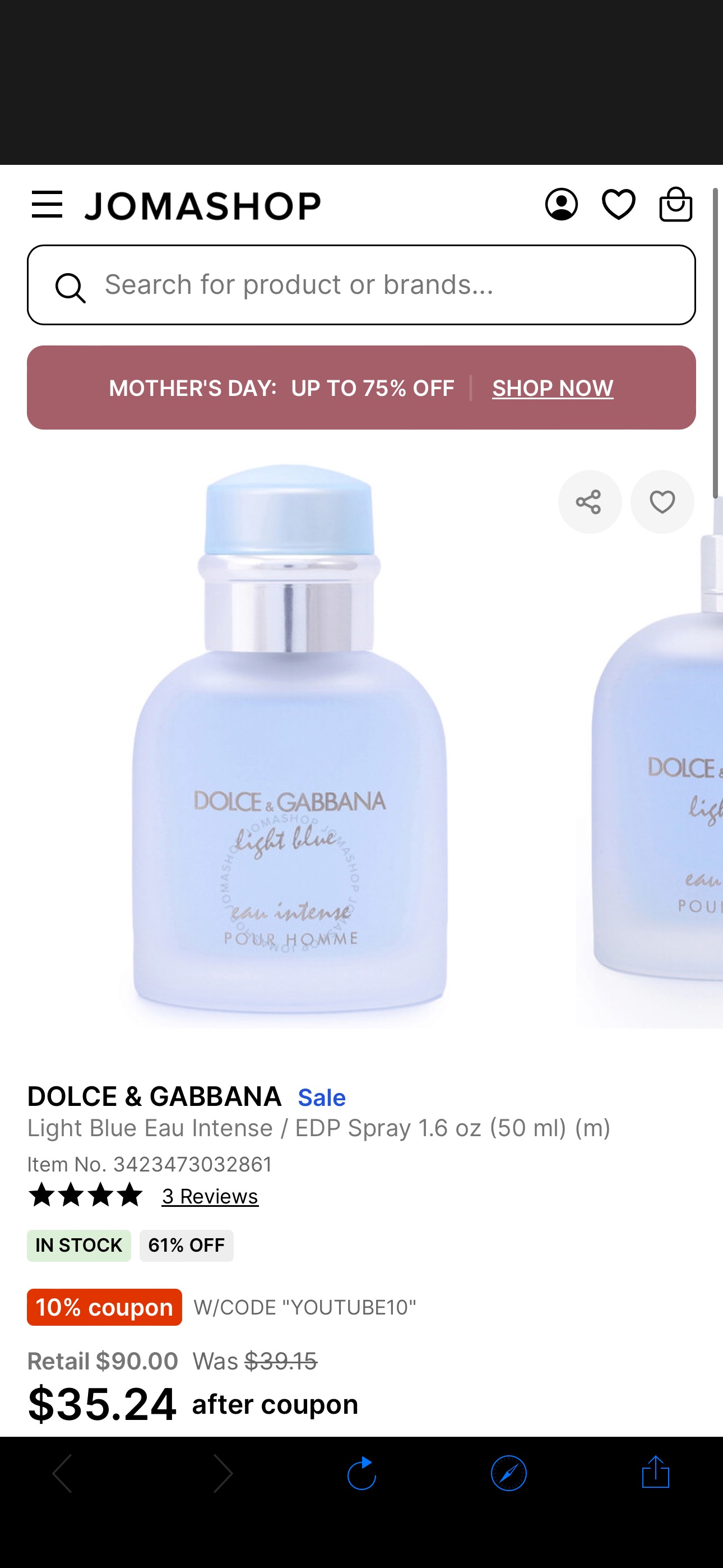 Dolce & Gabbana Light Blue Eau Intense / Dolce & Gabbana EDP Spray 1.6 oz (50 ml) (m) 3423473032861 - Fragrances & Beauty, Light Blue Eau Intense - Jomashop