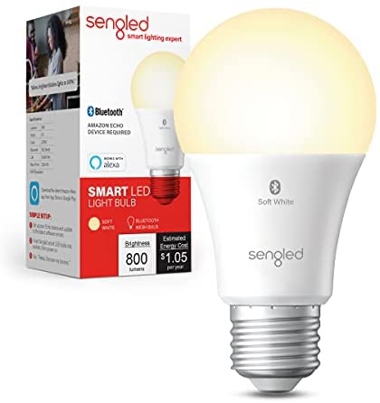 Sengled 智能灯泡，Alexa 灯泡蓝牙网格，仅与 Alexa 配合使用的智能灯泡，A19 可调光 LED 灯泡 E26，60W 等效软白 800LM，人类设备认证，1 个