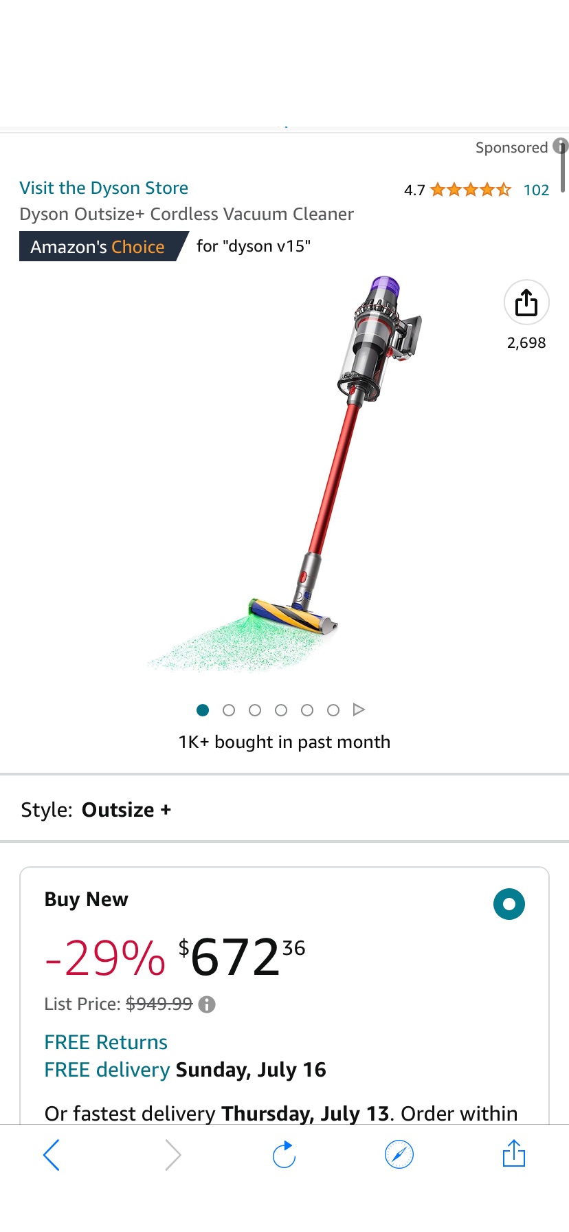 Amazon.com - Dyson Outsize+ 吸尘器Cordless Vacuum Cleaner -