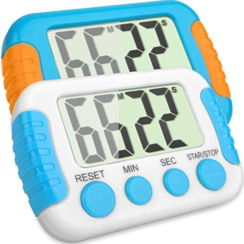 AEVETE 数字厨房定时器适用于儿童课堂教师磁性定时器用于倒数计时，带自动关闭功能 2 件装（白色蓝色）