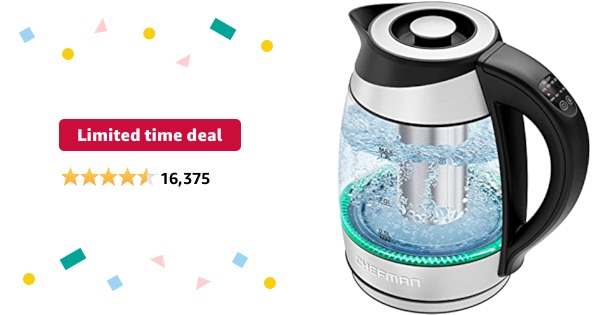 Limited-time deal: Chefman Electric Kettle with Temperature Control, 5 Presets LED Indicator Lights, Removable Tea Infuser, Glass Tea Kettle & Hot Water Boiler, 360° Swivel Base, BPA Free, Stainless S