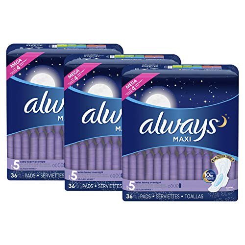Always Maxi Feminine Pads with Wings for Women, Size 5, Extra Heavy Overnight, Unscented, 36 Count - Pack of 3 (108 Count Total)