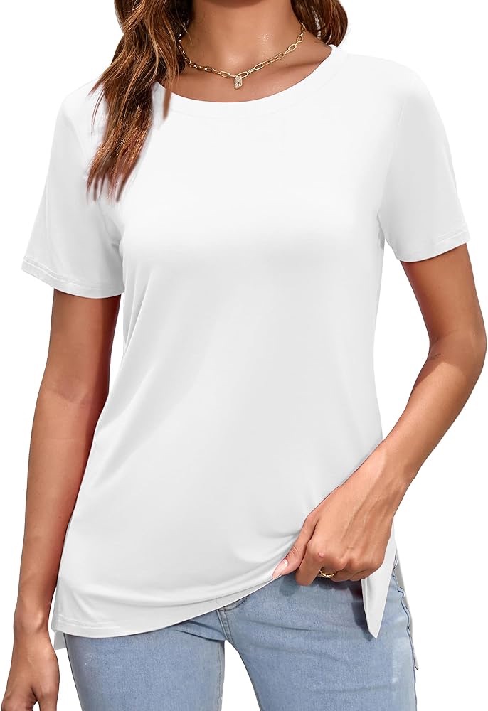 Herou Women Casual Summer Short Sleeve Tops High Low Hem T-Shirts Tees with Side Split White Medium at Amazon Women’s Clothing store