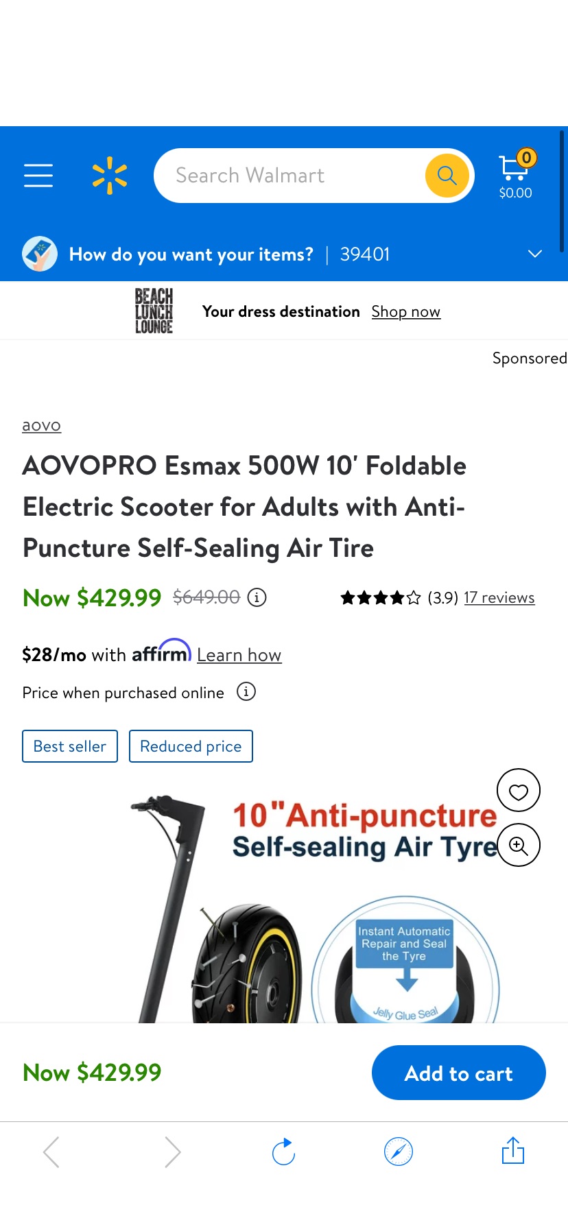 AOVOPRO Esmax 500W 10' Foldable Electric Scooter for Adults with Anti-Puncture Self-Sealing Air Tire - Walmart.com