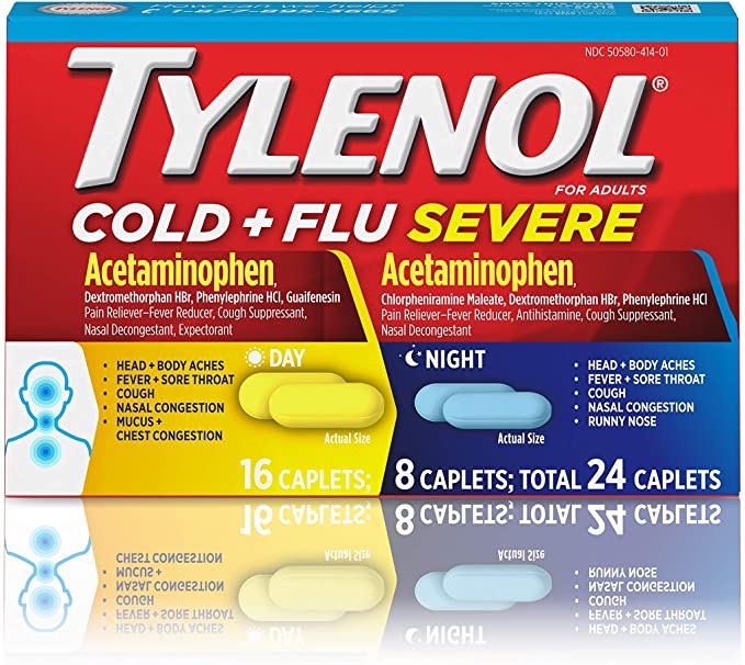 Amazon.com: Tylenol Cold + Flu Severe Day & Night Caplets for Fever, Pain, Cough & Congestion Relief, 24 ct.: Health & Personal Care 退烧止痛 日夜感冒药
