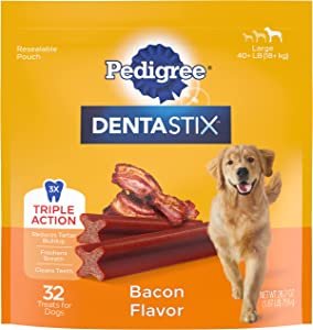 DENTASTIX Large Dog Dental Treats Bacon Flavor Dental Bones, 1.72 lb. Pack (32 Treats)