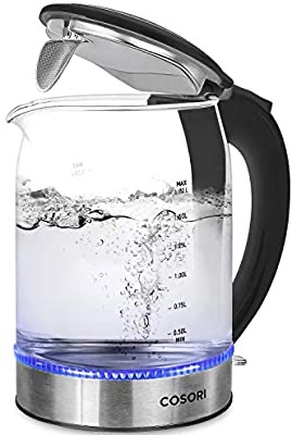 COSORI Electric Kettle, 1.7L Glass Hot Water Boiler & Tea Heater with LED Indicator, 100% Stainless Steel Filter, Inner Lid & Bottom, Auto Shut-Off&Boil-Dry Protection, BPA Free,(Upgraded) 电热水壶带LED灯