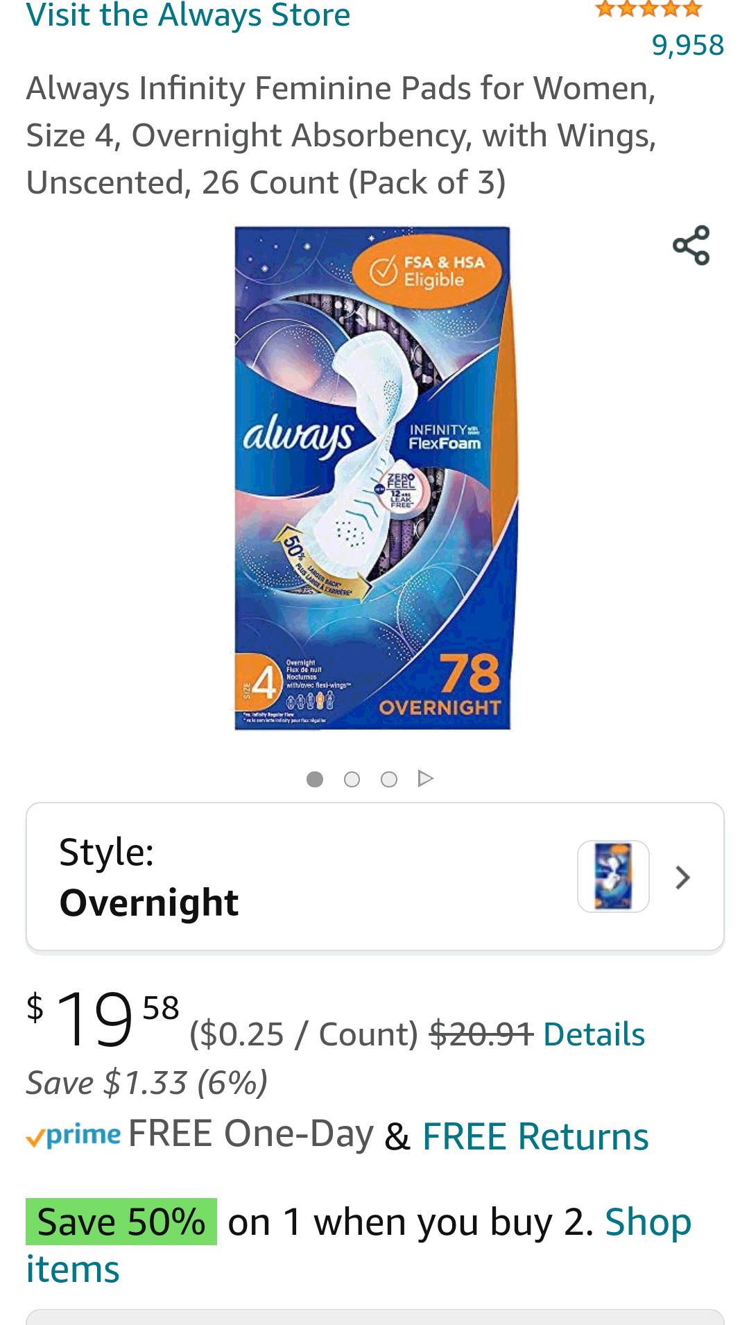Always Infinity Feminine Pads for Women, Size 4, Overnight Absorbency, with Wings, Unscented, 26 Count (Pack of 3): Health & Personal Care夜用卫生巾