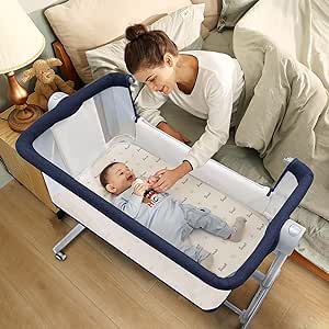 Li'l Pengyu 婴儿摇篮床边睡床 - 可调节婴儿床全网状婴儿床，适合新生女孩和男孩婴儿床，带轮子