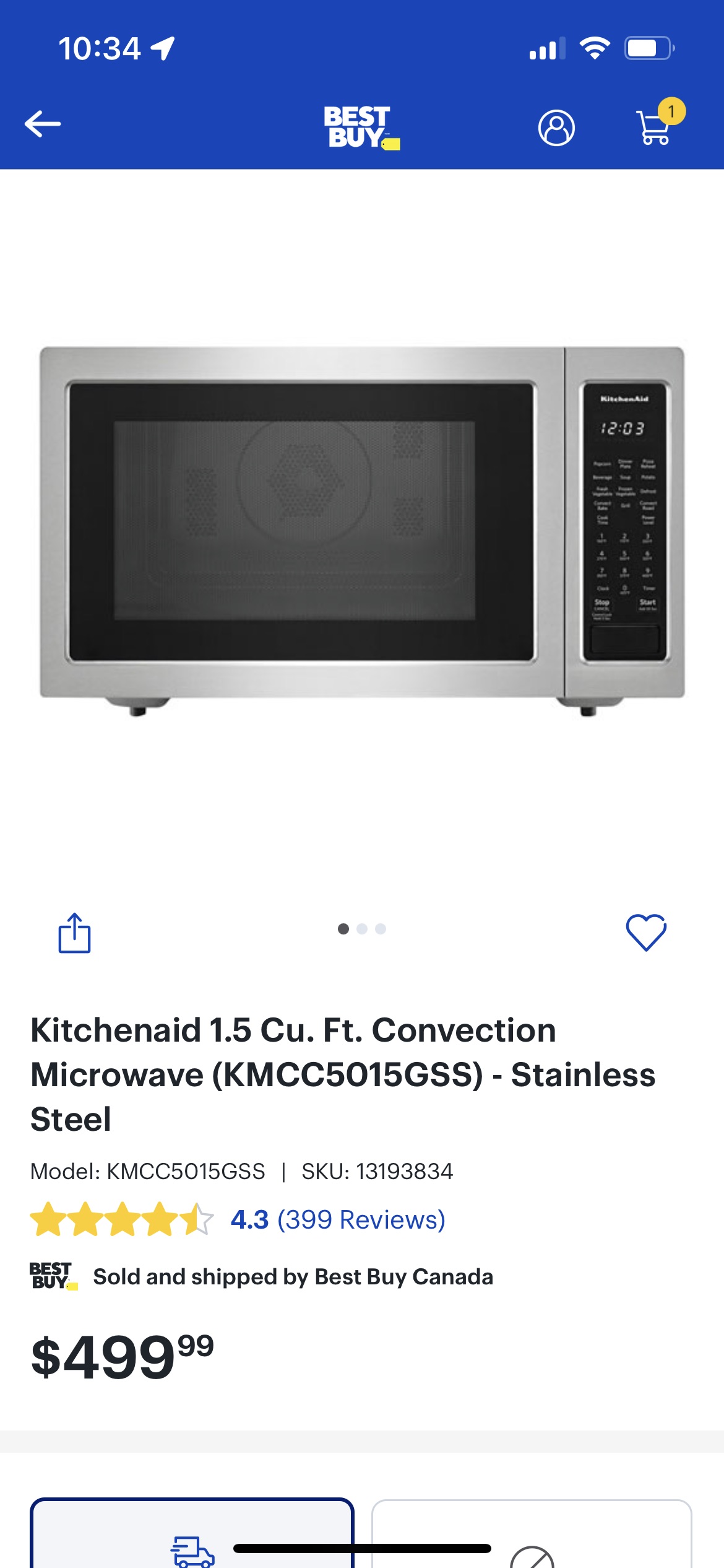 Kitchenaid 1.5 Cu. Ft. Convection Microwave (KMCC5015GSS) - Stainless Steel | Best Buy Canada