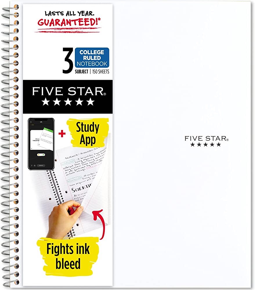 Amazon.com: Five Star Spiral Notebook + Study App, 3 Subject, College Ruled Paper, 11" x 8-1/2", 150 Sheets, White, 1 Count (72464) : Everything Else