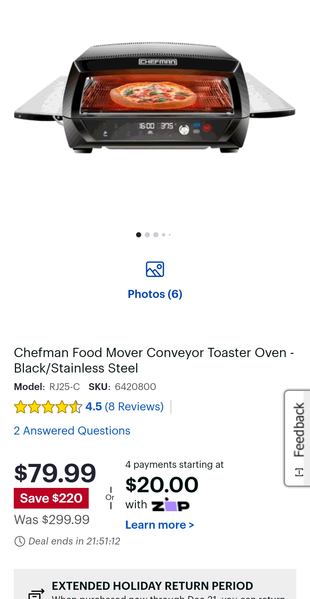 Chefman Food Mover Conveyor Toaster Oven Black/Stainless Steel RJ25-C - Best Buy烤箱