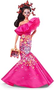 Amazon.com: Barbie Signature Doll, 2023 Dia de Muertos Collectible Wearing Ruffled Pink Gown, Holding Tiny Ofrenda, Doll Stand : Toys &amp; Games