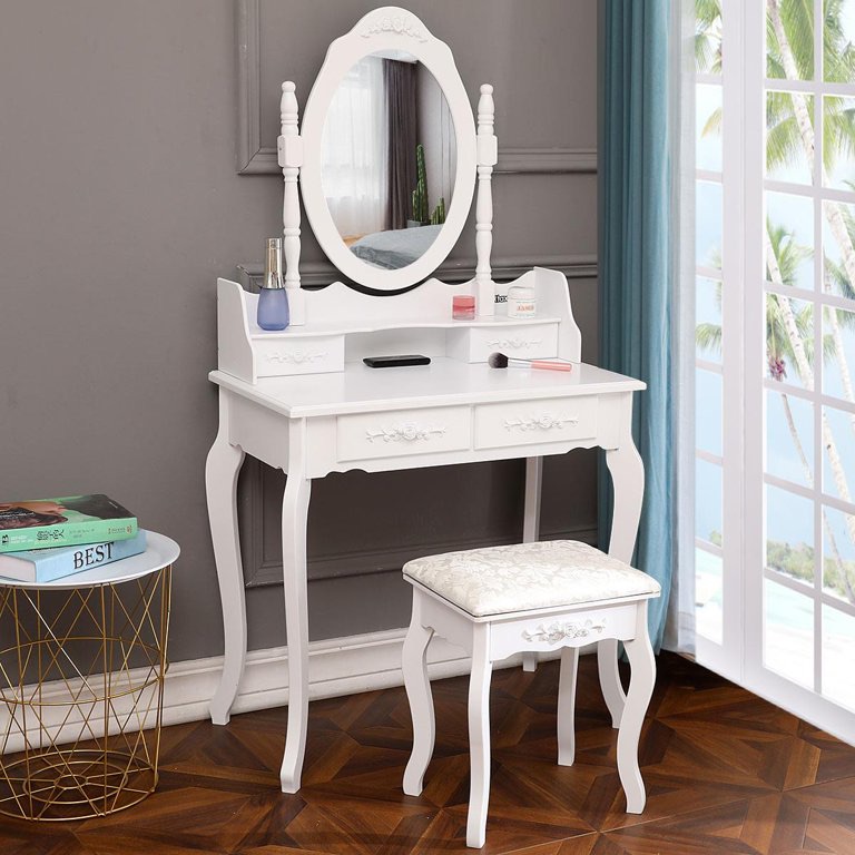 复古简约白色梳妆台套装促销Ktaxon Elegance White Dressing Table Vanity Table and Stool Set Wood Makeup Desk