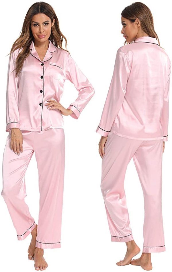 SWOMOG Womens Silk Satin Pajamas Long Sleeve Loungewear