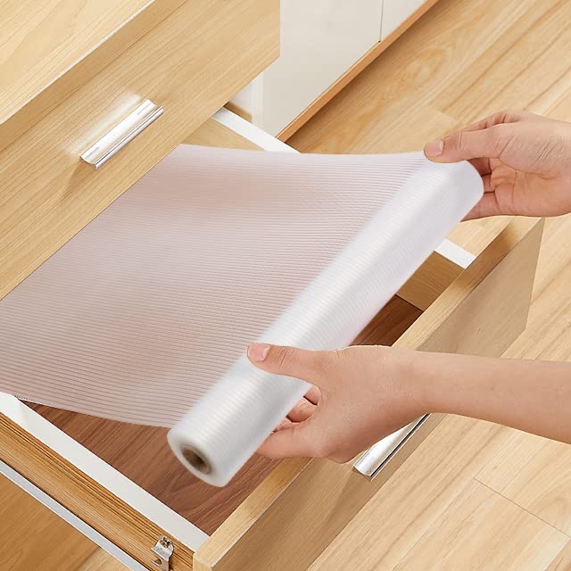 Amazon.com - PABUSIOR Shelf Liner, Waterproof EVA Cabinet Liners, Non-Adhesive, Easy to Cut Cupboard Liner for Kitchens Drawer, Pantry, Shelves, Refrigerator, Storage (17.7"x96" Wide, Clear) -透明垫
