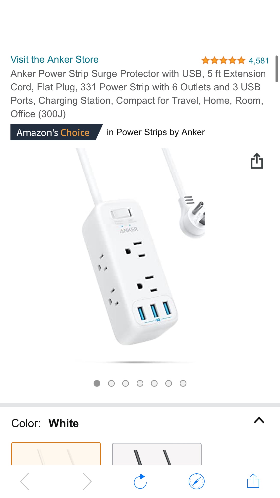 Anker Power Strip Surge Protector with USB, 5 ft Extension Cord, Flat Plug, 331 Power Strip with 6 Outlets and 3 USB Ports, 电源插座