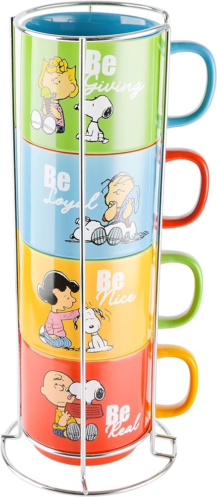 Amazon.com: Peanuts Snoopy Gentle Reminders 15oz Stackable Mugs w/Metal Rack, Stoneware, 4-Pack, 杯子组 Assorted Colors: Home & Kitchen