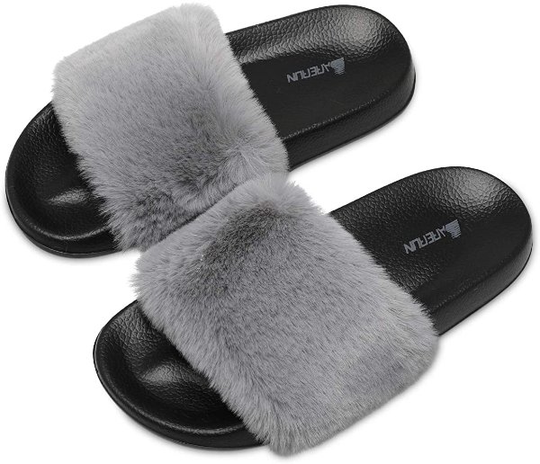 Women's Fuzzy Faux Fur Flat Spa Slide Slippers Open Toe House Indoor Shoes Sandals