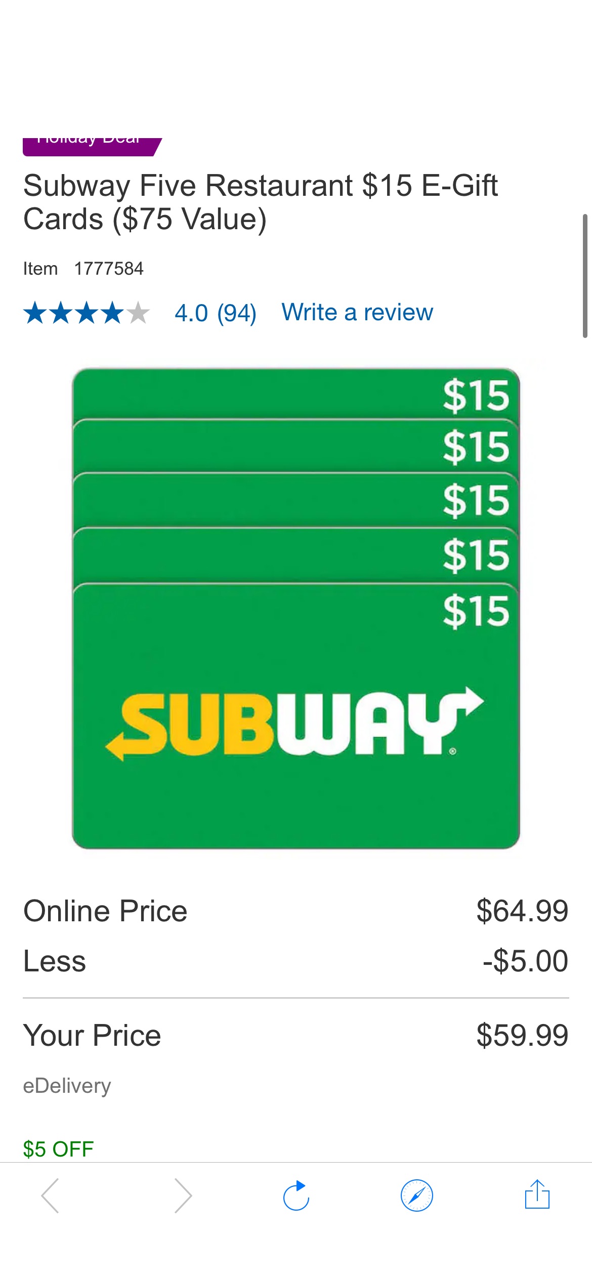 Subway Five Restaurant $15 E-Gift Cards ($75 Value) | Costco