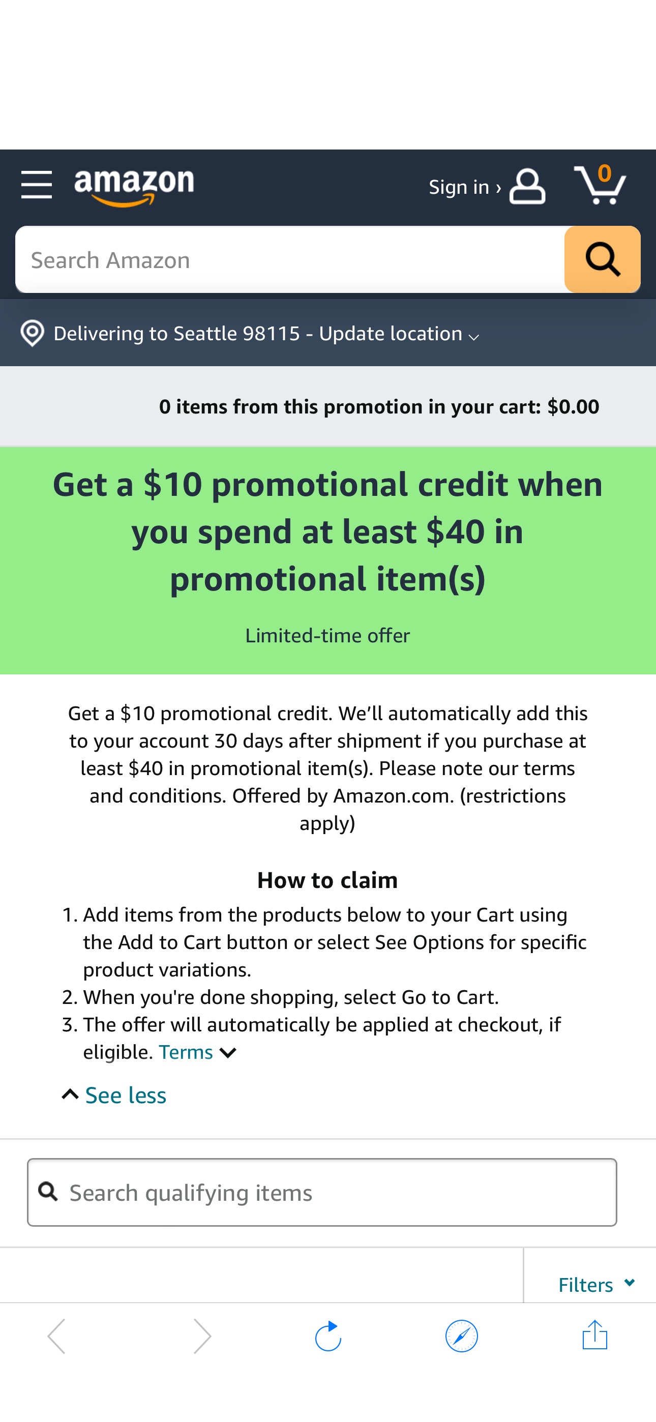 Amazon.com: Get a $10 promotional credit when you spend at least $40 in promotional item(s) promotion