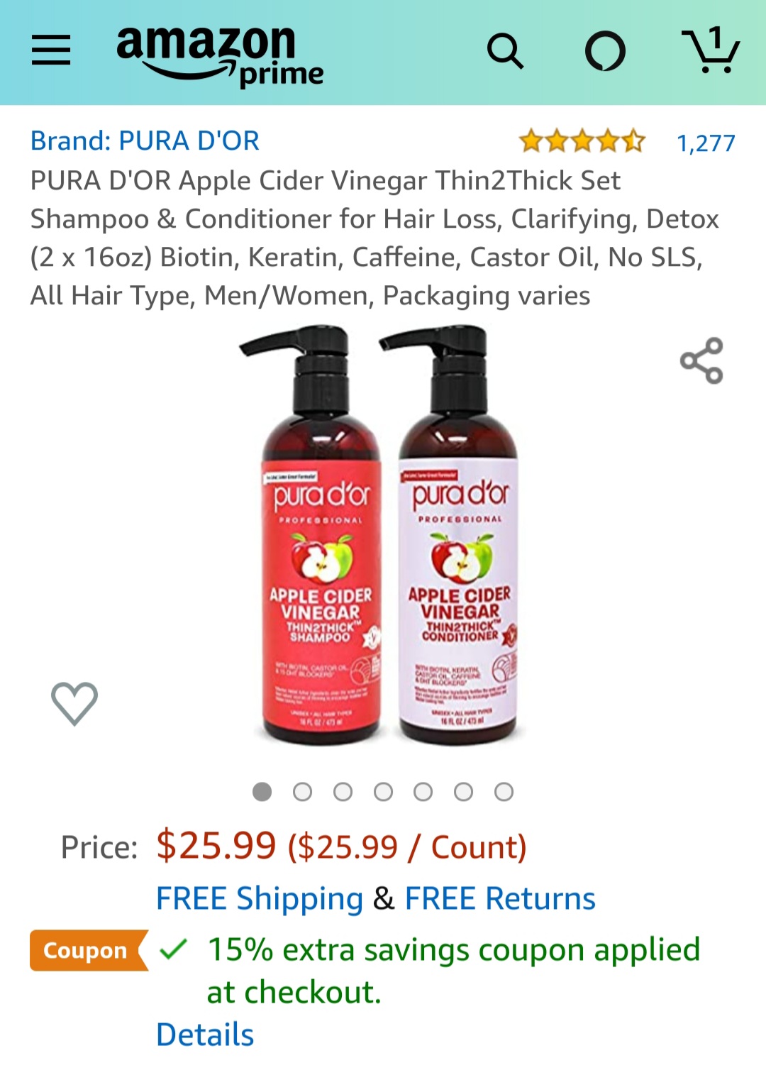 PURA D'OR Apple Cider Vinegar Thin2Thick Set Shampoo & Conditioner洗护套装 for Hair Loss, Clarifying, Detox (2 x 16oz) Biotin, Keratin, Caffeine, Castor Oil, No SLS, All Hair Type, Men/Women