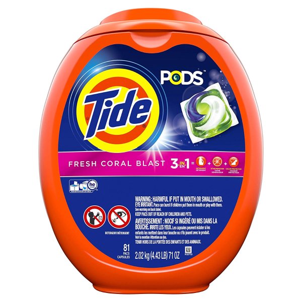 Tide Pods 3 in 1 Liquid Detergent Pacs, Coral Blast Scent, 81 Count Tub @ Amazon
