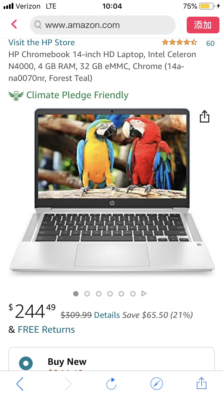 Amazon.com: HP Chromebook 14-inch HD Laptop, Intel Celeron N4000, 4 GB RAM, 32 GB eMMC, Chrome (14a-na0070nr, Forest Teal): Computers & Accessories 笔记本