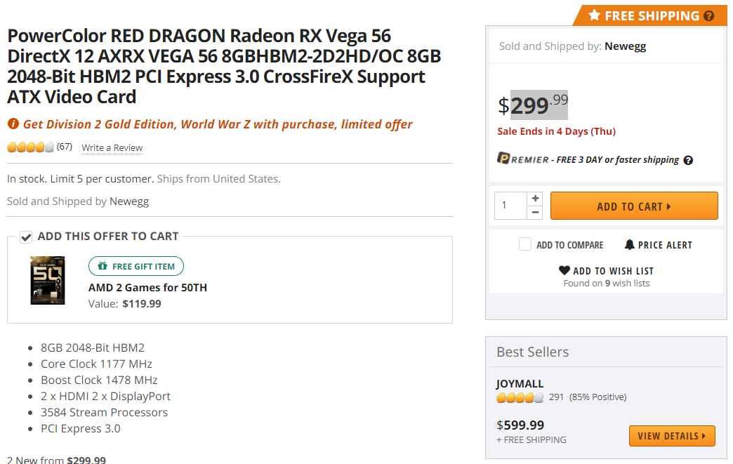 红龙 Vega 56 8GB 显卡 送全境封锁2 僵尸世界大战 PowerColor RED DRAGON Radeon RX Vega 56
