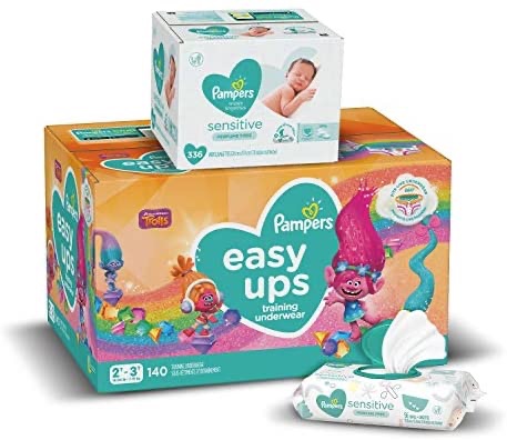 Amazon.com: Pampers Easy Ups Training Pants Girls and Boys, Size 4 (2T-3T), 140 Count, ONE MONTH SUPPLY with Baby Wipes Sensitive 6X Pop-Top Packs, 336 Count 尿布➕湿纸巾