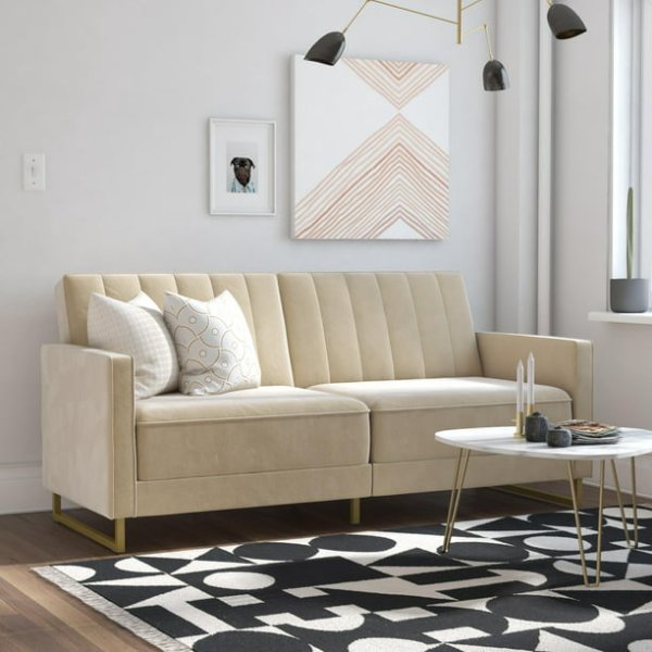 Skylar Coil Futon, Modern Sofa Bed and Couch, Ivory Velvet