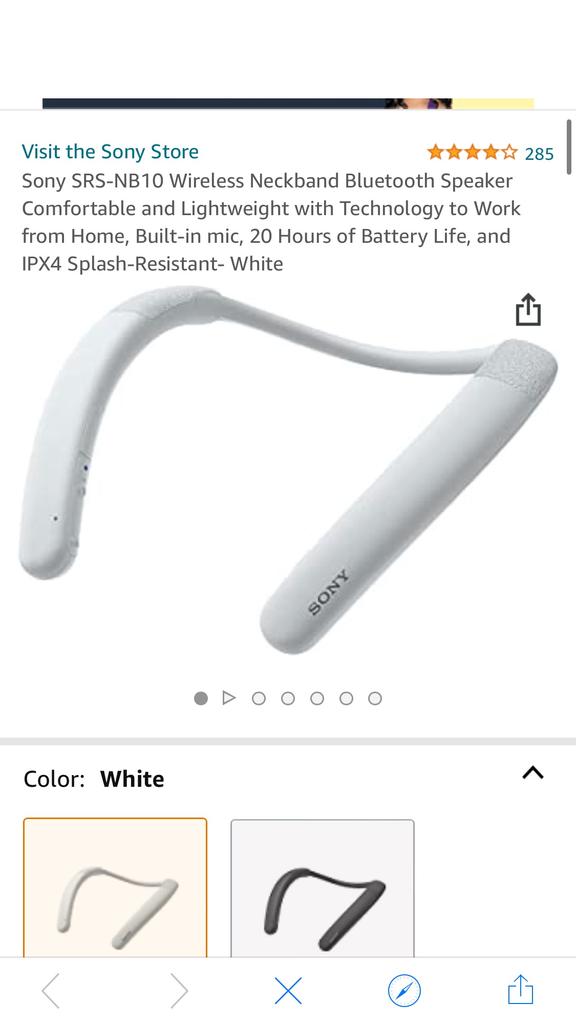 Sony SRS-NB10 Wireless Neckband Bluetooth Speaker Built-in mic, 20 Hours of Battery Life, and IPX4 Splash-Resistant- White : 索尼肩上音箱