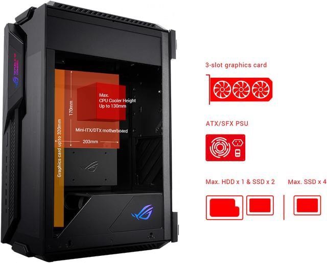 ASUS ROG Z11 Mini-ITX/DTX Mid-Tower PC Gaming Case with Patented 11° Tilt Design, Compatible with ATX Power Supply or a 3-Slot Graphics, Tempered-glass Panels, Front I/O USB 3.2 Gen 2 Type-C