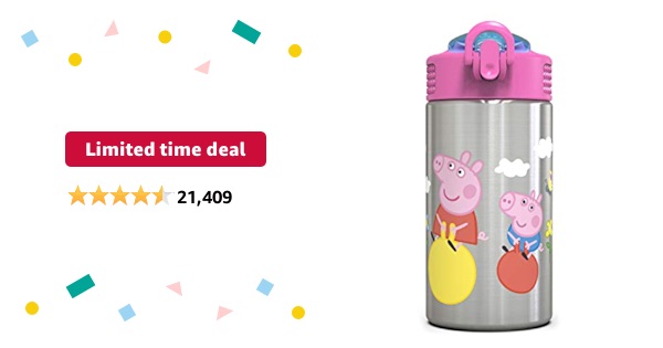 Limited-time deal: Zak Designs Peppa Pig 15.5oz Stainless Steel Kids Water Bottle with Flip-up Straw Spout - BPA Free Durable Design, Peppa Pig SS, Single Wall