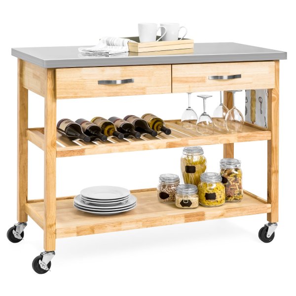 3-Tier Wood Rolling Kitchen Island Utility Serving Cart w/ Stainless Steel Countertop