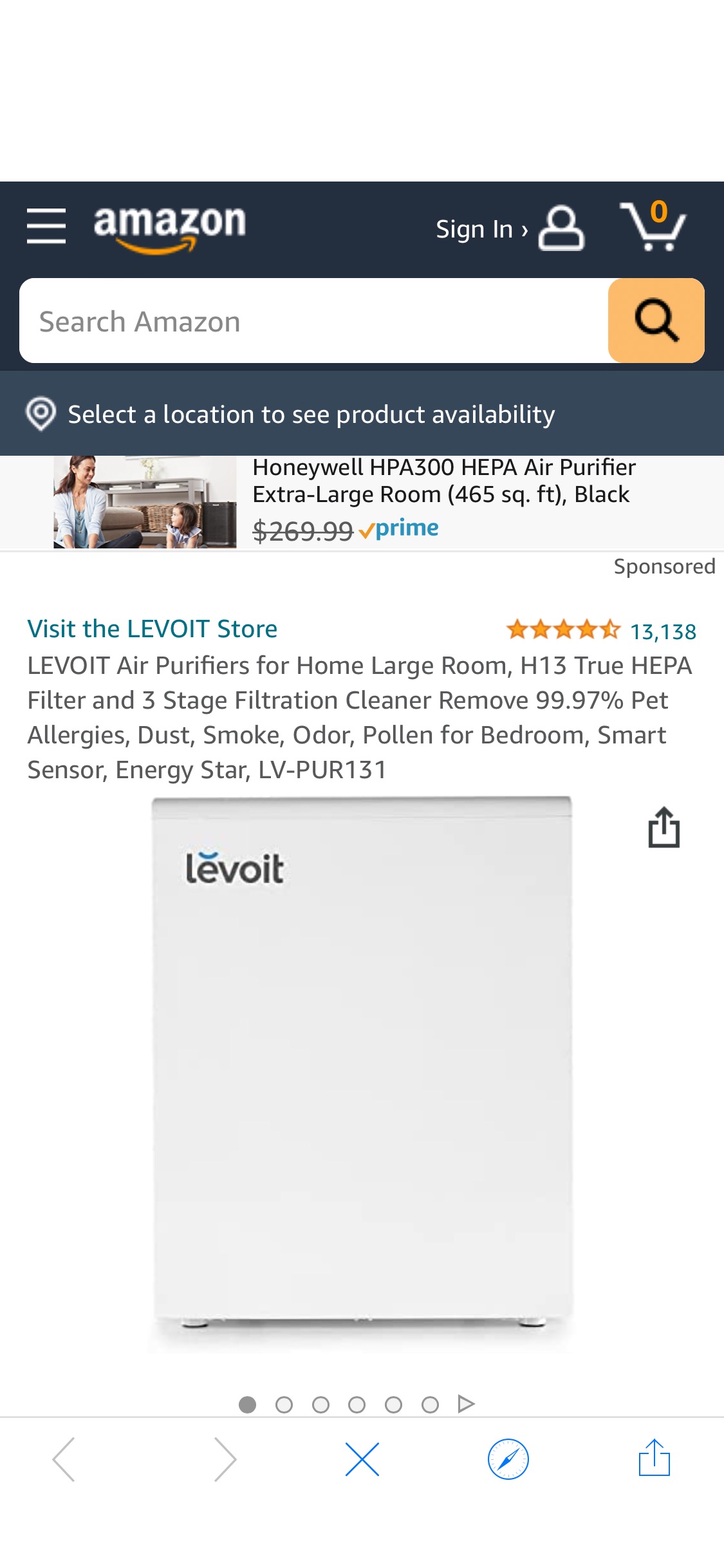 LEVOIT Air Purifiers for Home Large Room, H13 True HEPA Filter and 3 Stage Filtration Cleaner Remove 99.97% Pet Allergies, Dust, Smoke, Odor, Pollen for Bedroom, Smart Sensor, Energy Star, LV-PUR131
